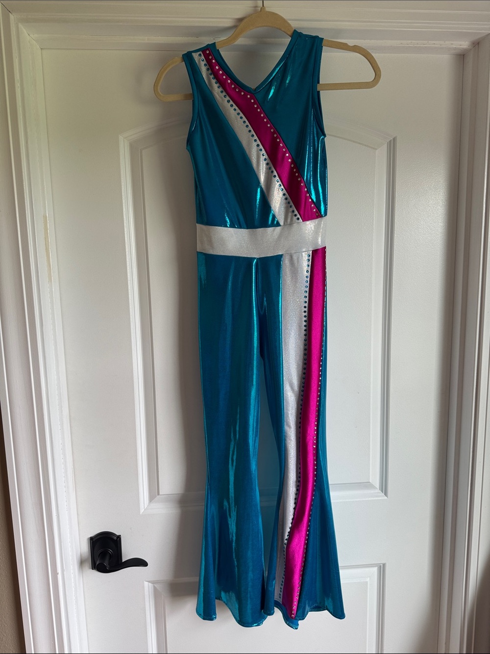 CustomMetallic Teal Sleeveless Jumpsuit with Pink & Silver Accents Dance Costume